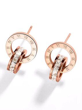 Luxury Roman Numeral Crystal Earrings Rose Gold Waterproof Jewelry